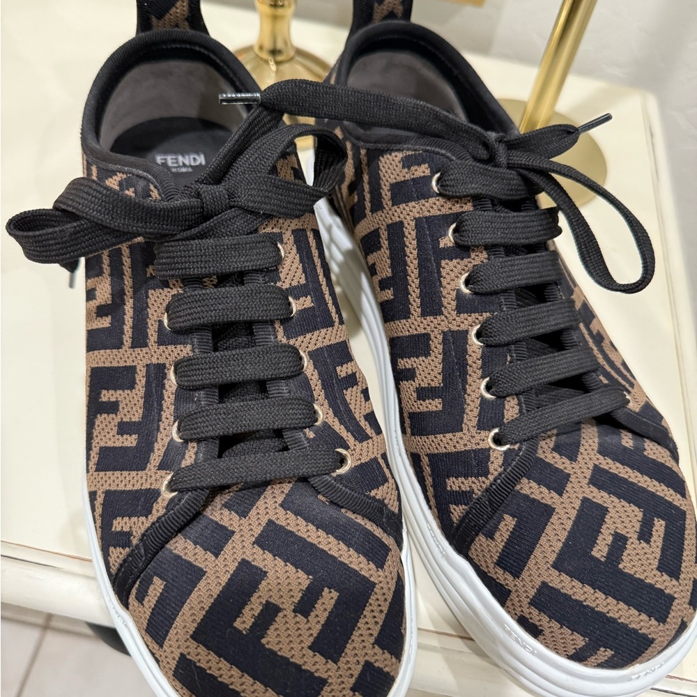Fendi Black and Brown Geometric Pattern Sneakers